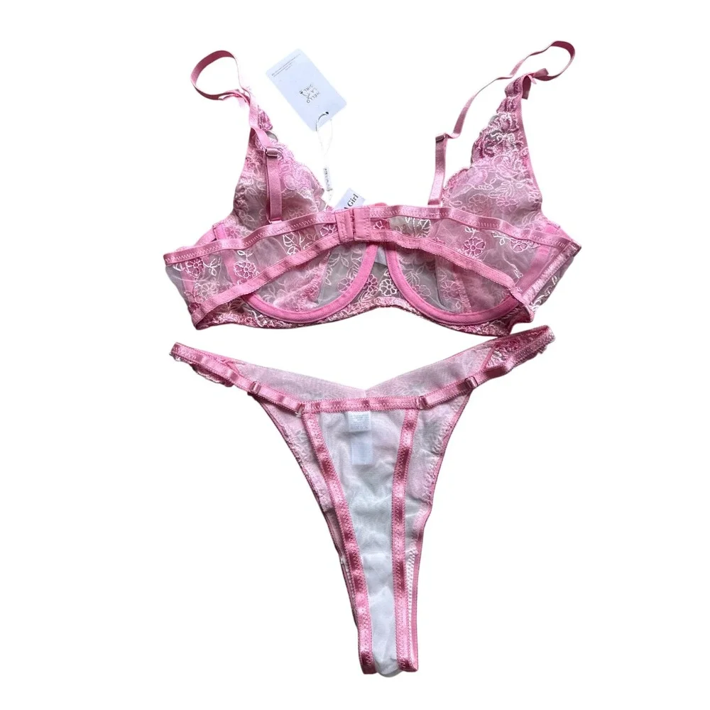 Pink Floral Lingerie Set Lg Romantic coquette sexy Embroidered Bra Thong NEW